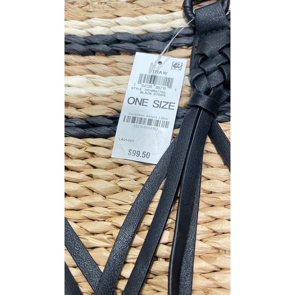 Style & Co $99 Large Straw Tote Black Faux Leather Handles - Picture 3 of 10